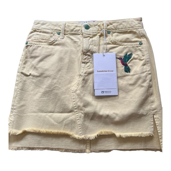 Sandrine Rose Yellow Denim Mini Skirt Embroidered Hummingbird NWT Size 25 - Picture 2 of 8